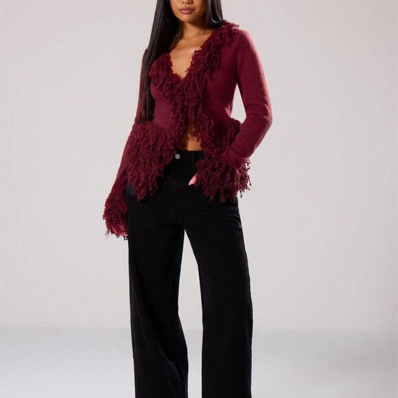 Burgundy Casual Women's Shaggy fringe detailed Knit Cardigan - Picture 5 of 6